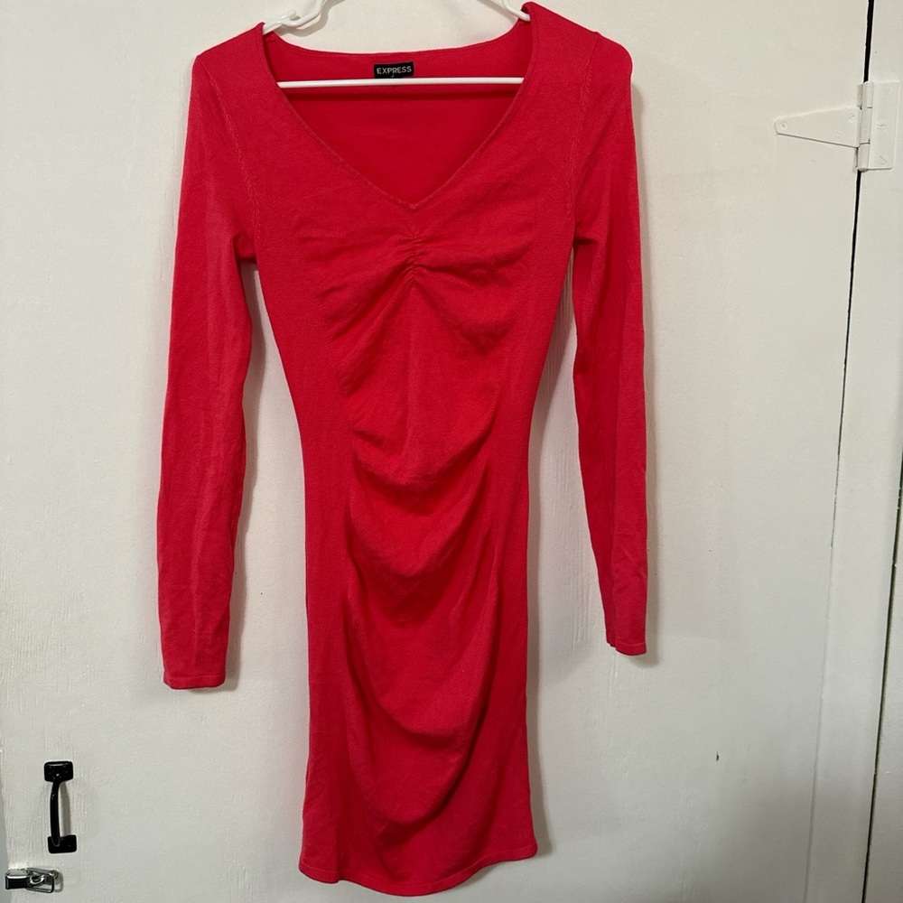 Pink long sleeve dress with ruched detailing
